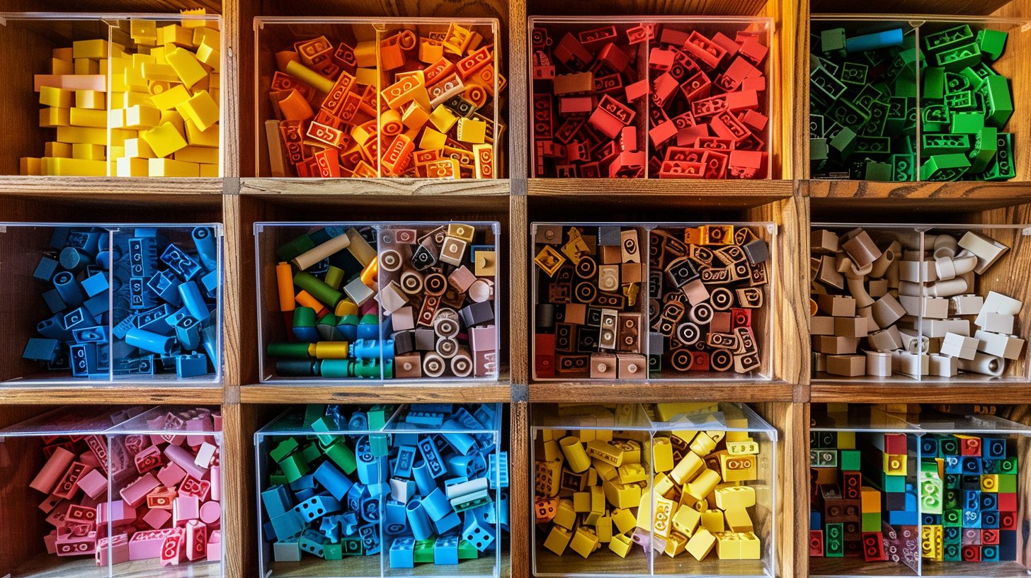 Building bricks sorted by colour in wooden storage cubbies