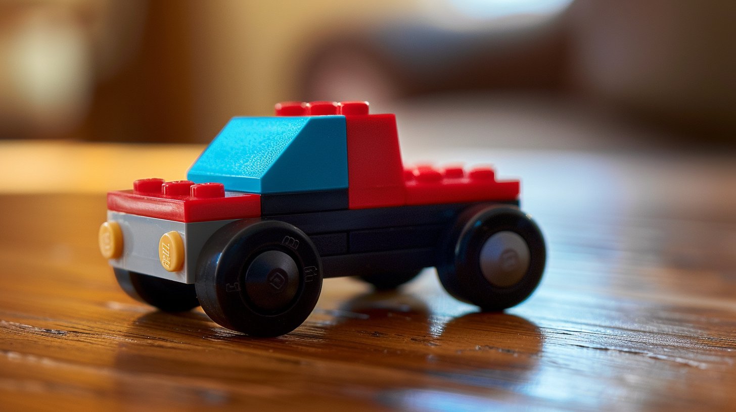 A small model car built from coloured building bricks, resting on a wooden table in warm light